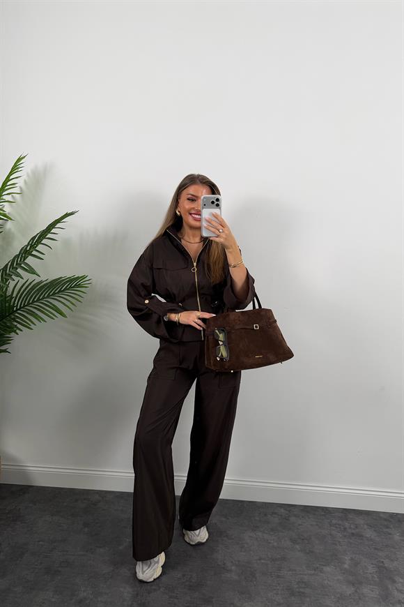 Lüx Kalite Gold Fermuarlı Parlak Kumaş Takım Acı Kahve