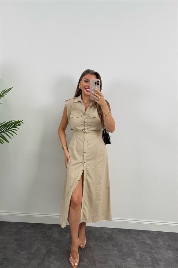 Lüx Kalite Ham Keten Beli Kemerli Midi Elbise Naturel Taş