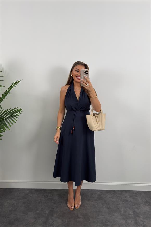Lüx Kalite Ham Keten Boyundan Geçmeli Midi Boy Elbise Lacivert