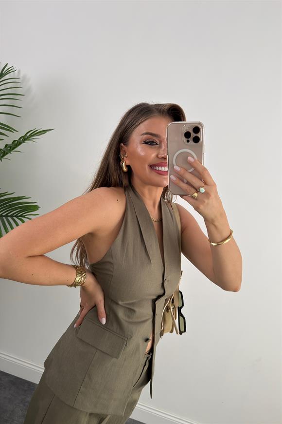 Lüx Kalite Ham Keten Boyundan Geçmeli Yelek Palazzo Takım Haki