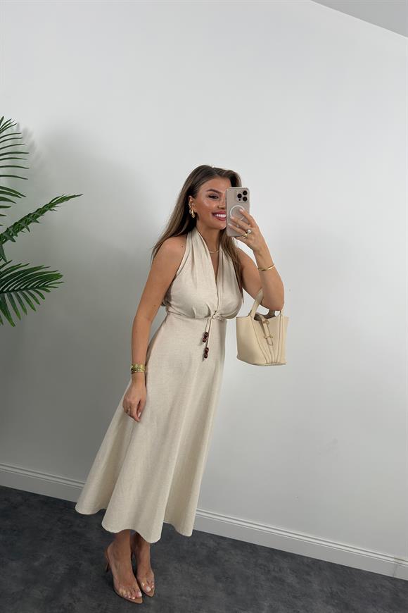 Lüx Kalite Ham Keten Boyundan Geçmeli Midi Boy Elbise Taş