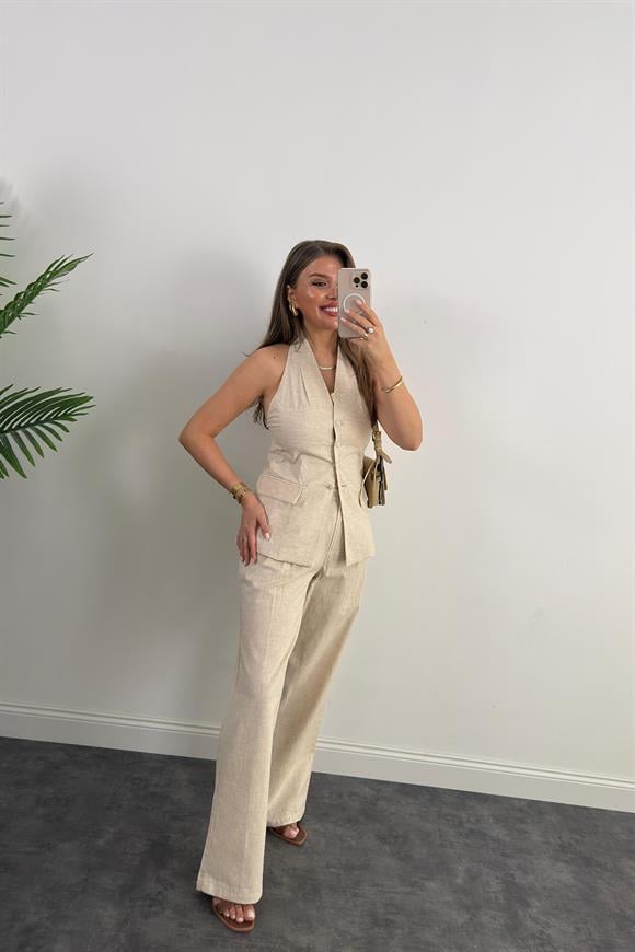 Lüx Kalite Ham Keten Boyundan Geçmeli Yelek Palazzo Takım Naturel Taş
