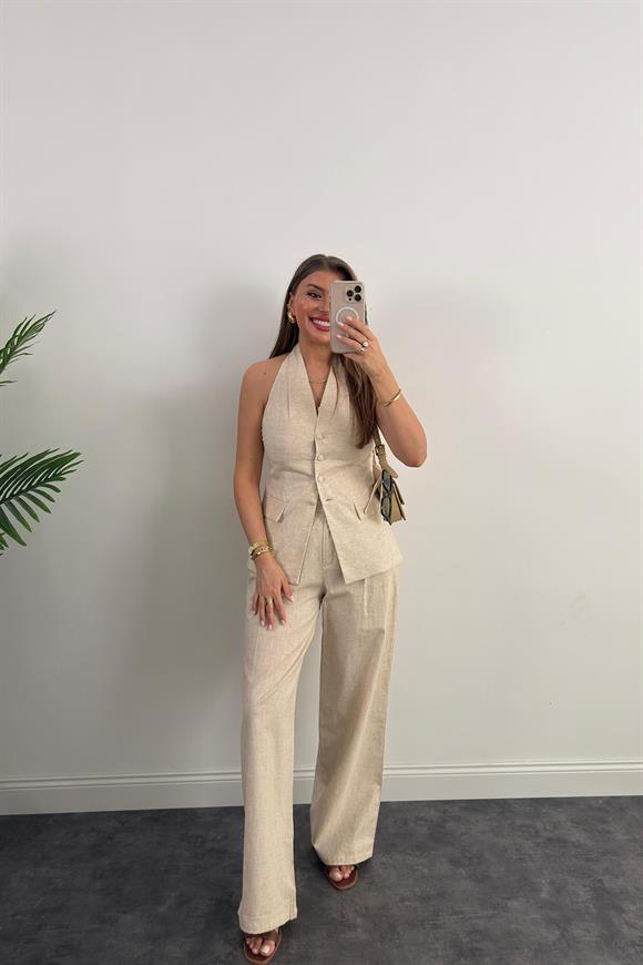 Lüx Kalite Ham Keten Boyundan Geçmeli Yelek Palazzo Takım Naturel Taş