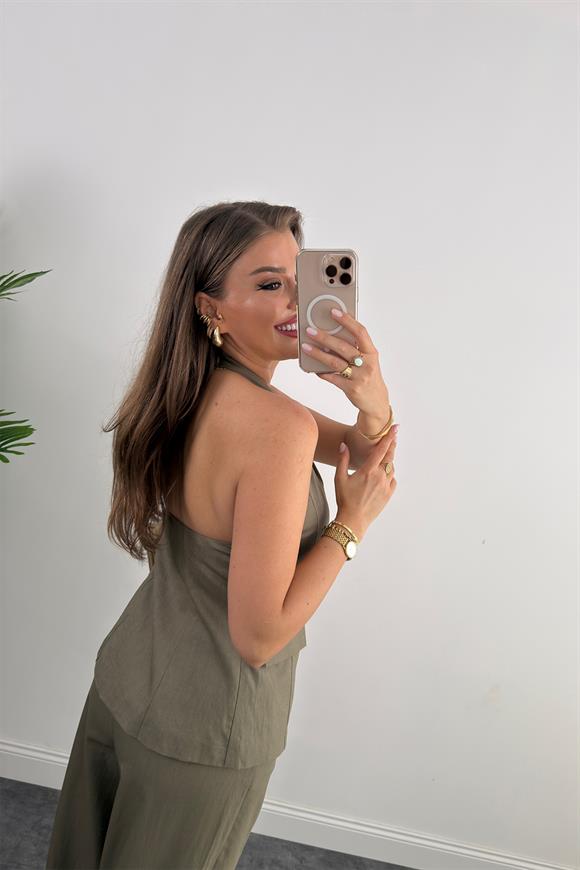 Lüx Kalite Ham Keten Boyundan Geçmeli Yelek Palazzo Takım Haki