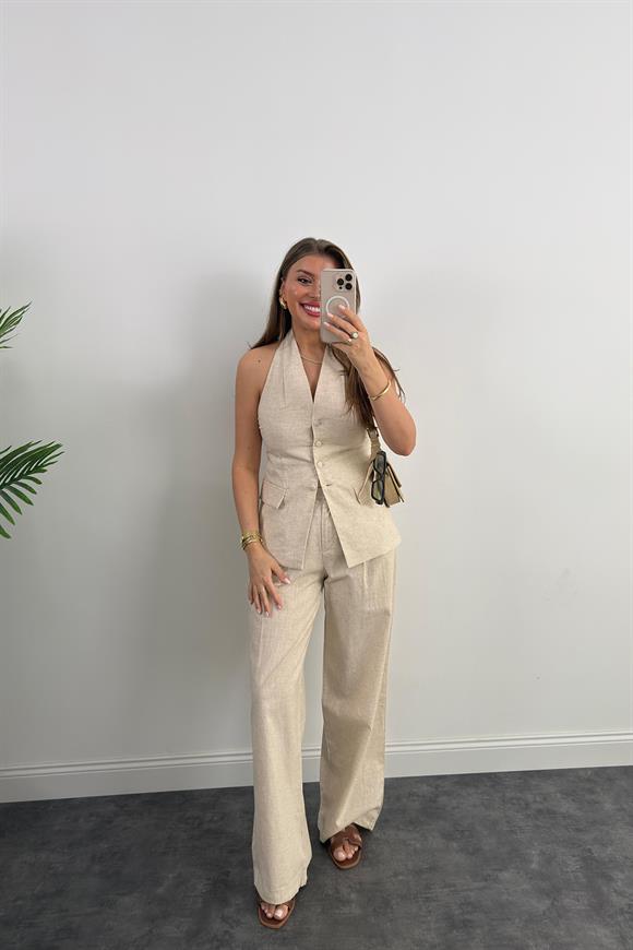 Lüx Kalite Ham Keten Boyundan Geçmeli Yelek Palazzo Takım Naturel Taş