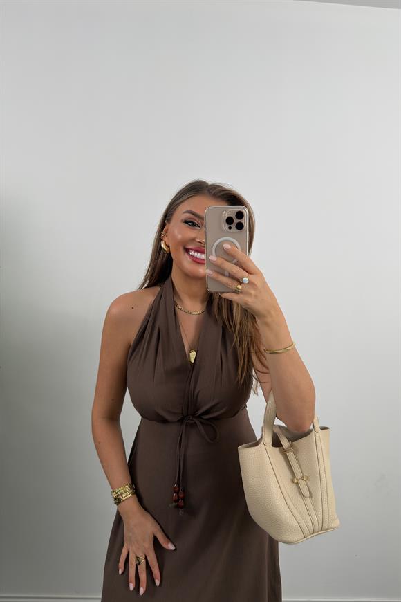 Lüx Kalite Ham Keten Boyundan Geçmeli Midi Boy Elbise Kahverengi