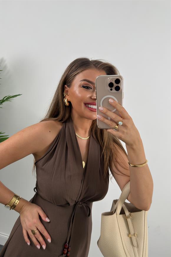 Lüx Kalite Ham Keten Boyundan Geçmeli Midi Boy Elbise Kahverengi