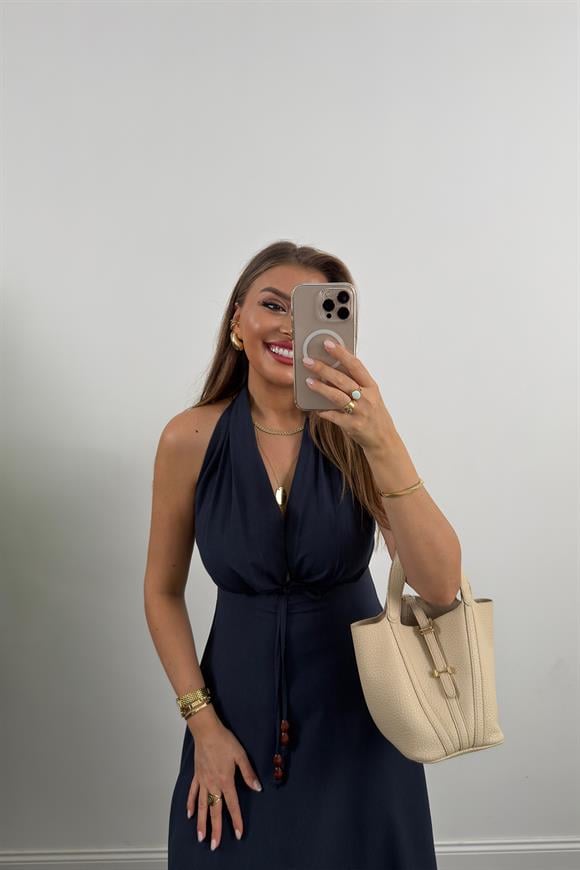 Lüx Kalite Ham Keten Boyundan Geçmeli Midi Boy Elbise Lacivert