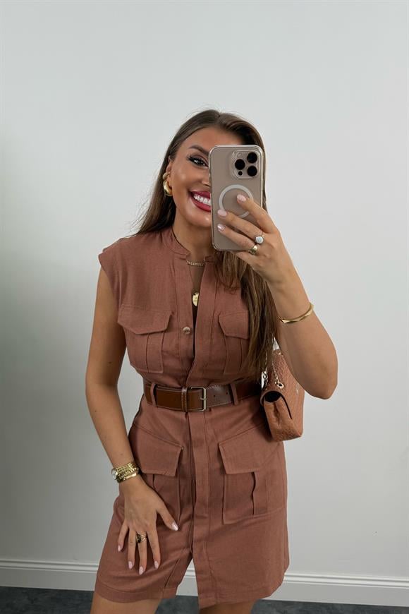 Lüx Kalite Ham Keten Kemerli Safari Elbise Gül Kurusu