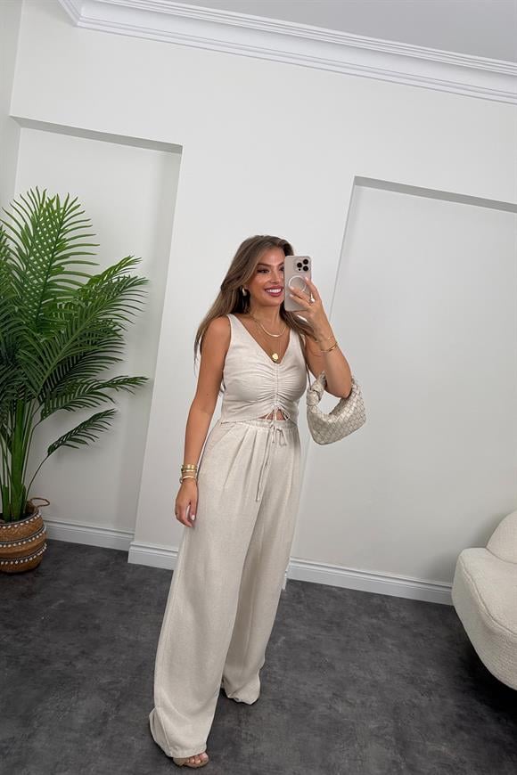 Lüx Kalite Ham Keten Palazzo Bluz Takım