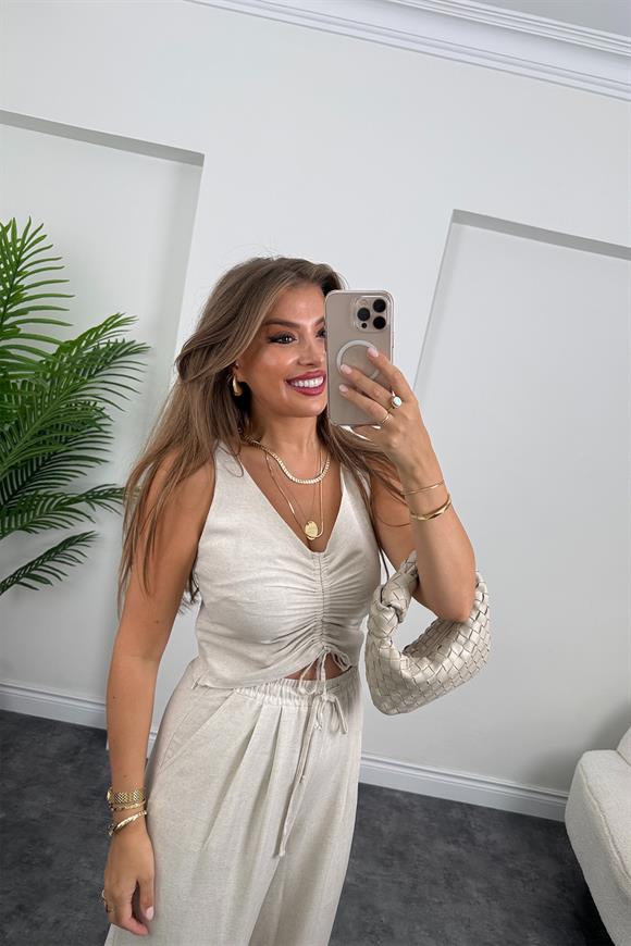 Lüx Kalite Ham Keten Palazzo Bluz Takım