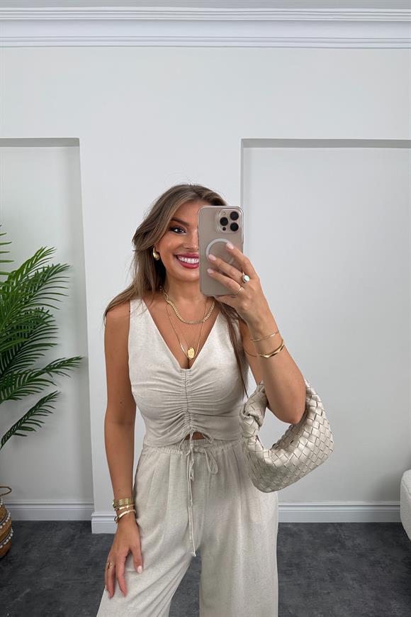 Lüx Kalite Ham Keten Palazzo Bluz Takım