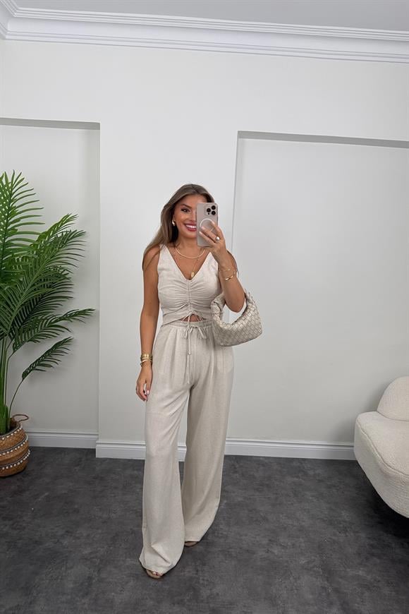 Lüx Kalite Ham Keten Palazzo Bluz Takım