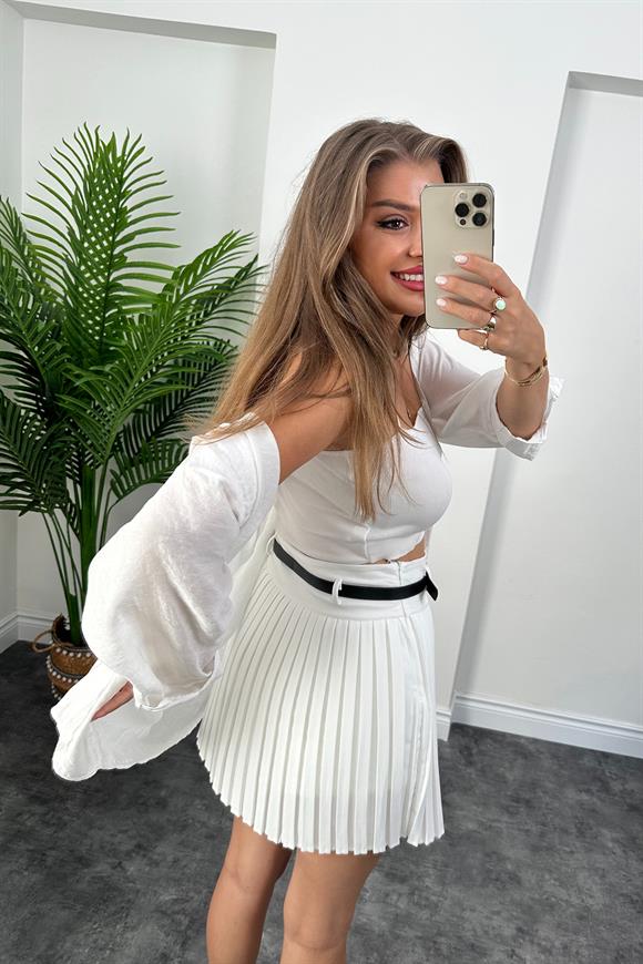 Lüx Kalite İçi Şortlu Pliseli Kemerli Etek Beyaz