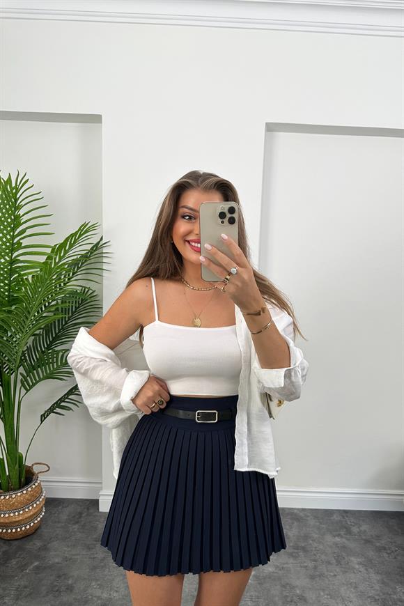 Lüx Kalite İçi Şortlu Pliseli Kemerli Etek Lacivert