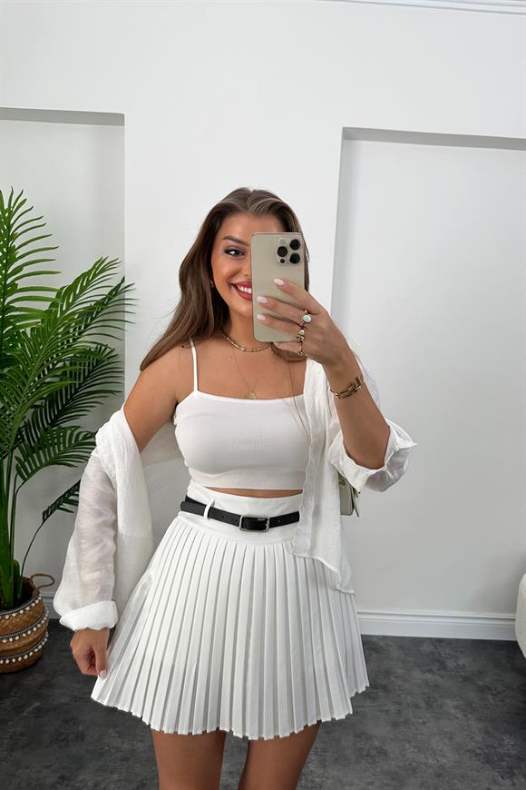 Lüx Kalite İçi Şortlu Pliseli Kemerli Etek Beyaz