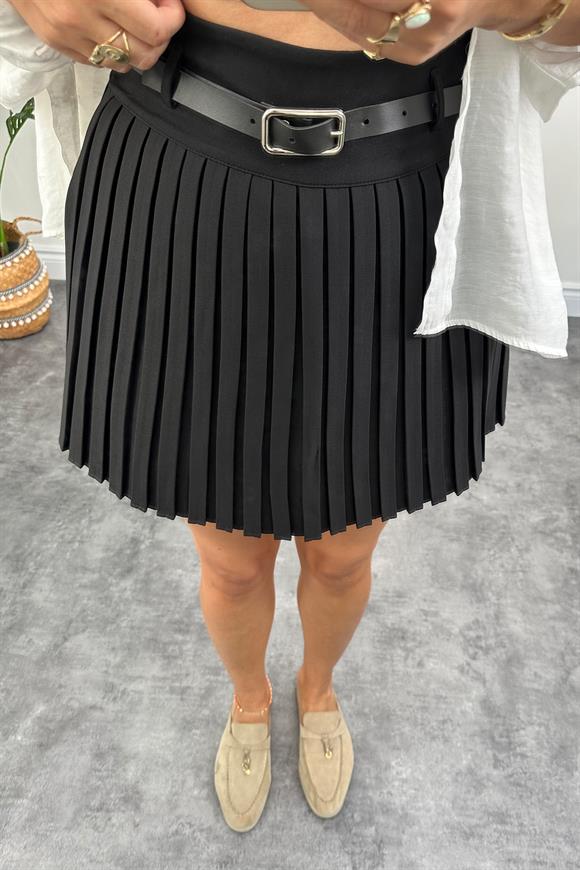 Lüx Kalite İçi Şortlu Pliseli Kemerli Etek Siyah