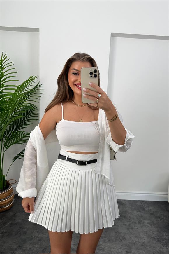 Lüx Kalite İçi Şortlu Pliseli Kemerli Etek Beyaz