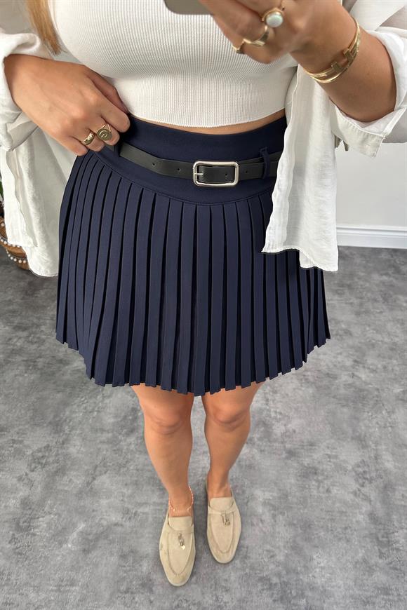Lüx Kalite İçi Şortlu Pliseli Kemerli Etek Lacivert