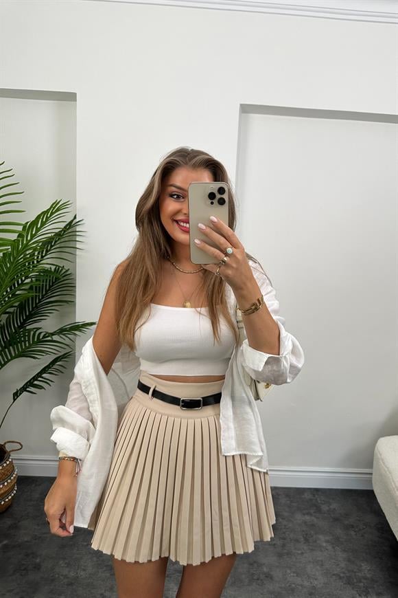 Lüx Kalite İçi Şortlu Pliseli Kemerli Etek Taş