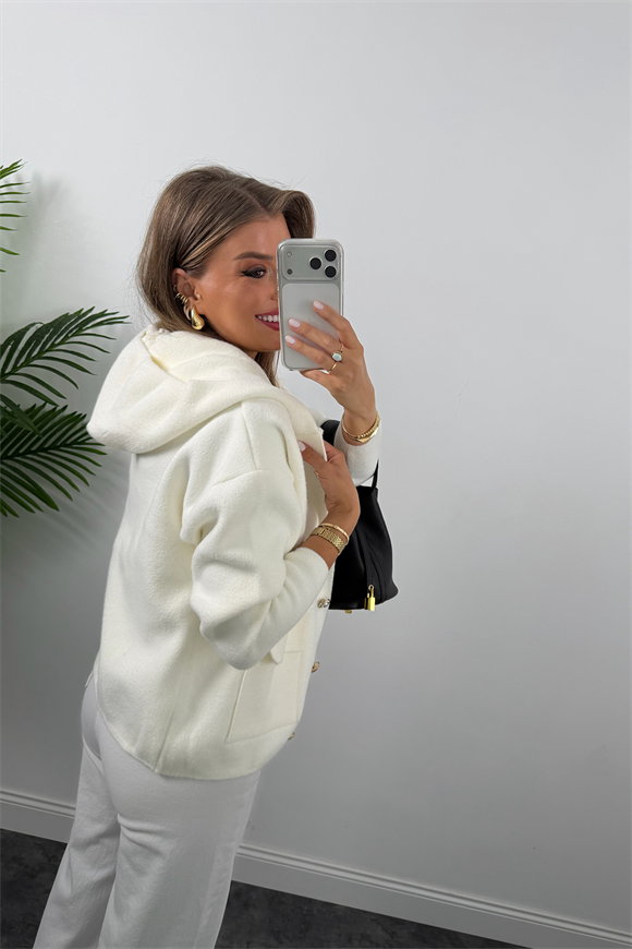 Lüx Kalite İnci Düğmeli Kaşmir Kapüşonlu Hırka Krem