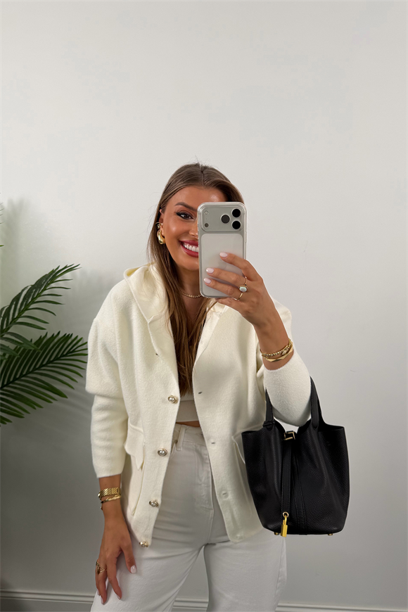 Lüx Kalite İnci Düğmeli Kaşmir Kapüşonlu Hırka Krem