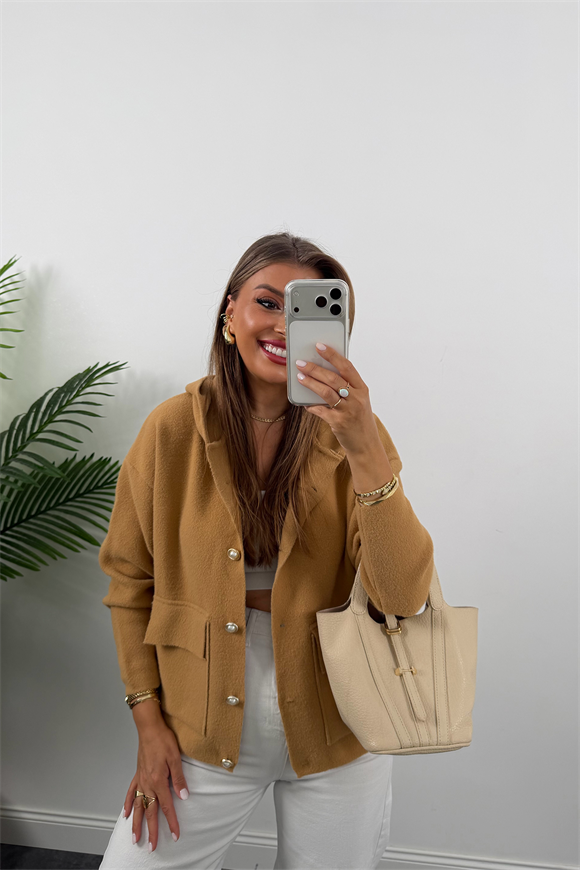 Lüx Kalite İnci Düğmeli Kaşmir Kapüşonlu Hırka Camel