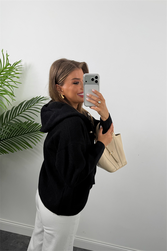 Lüx Kalite İnci Düğmeli Kaşmir Kapüşonlu Hırka Siyah