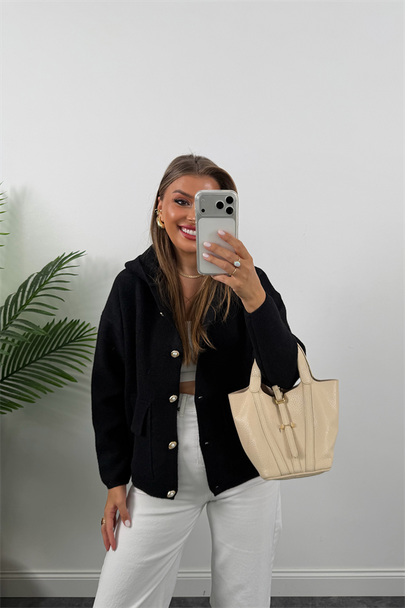 Lüx Kalite İnci Düğmeli Kaşmir Kapüşonlu Hırka Siyah