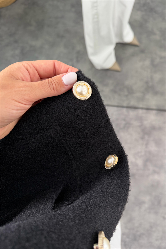 Lüx Kalite İnci Düğmeli Kaşmir Kapüşonlu Hırka Siyah