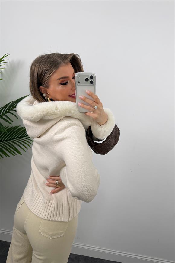 Lüx Kalite İpek Kürklü Elit Triko Hırka Krem