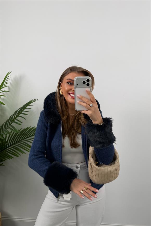 Lüx Kalite İpek Kürklü Elit Triko Hırka Lacivert