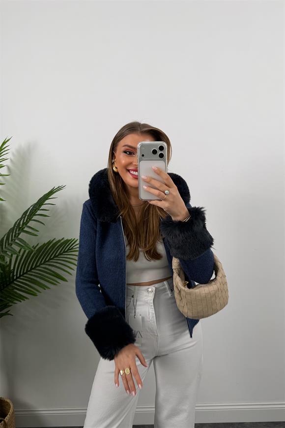 Lüx Kalite İpek Kürklü Elit Triko Hırka Lacivert