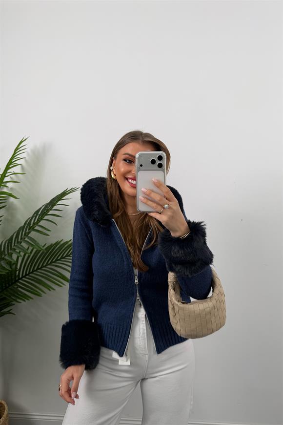 Lüx Kalite İpek Kürklü Elit Triko Hırka Lacivert