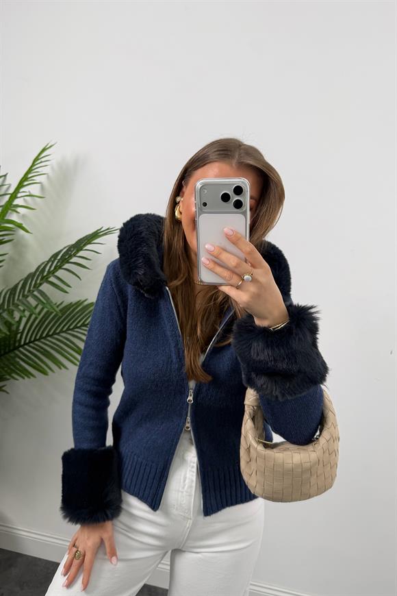 Lüx Kalite İpek Kürklü Elit Triko Hırka Lacivert