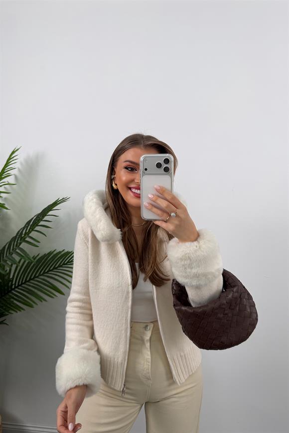 Lüx Kalite İpek Kürklü Elit Triko Hırka Krem