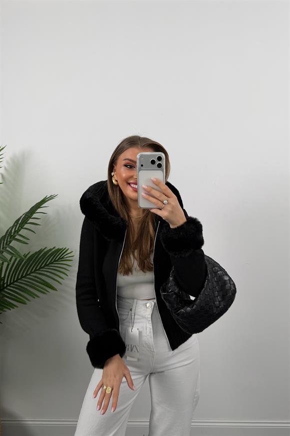 Lüx Kalite İpek Kürklü Elit Triko Hırka Siyah