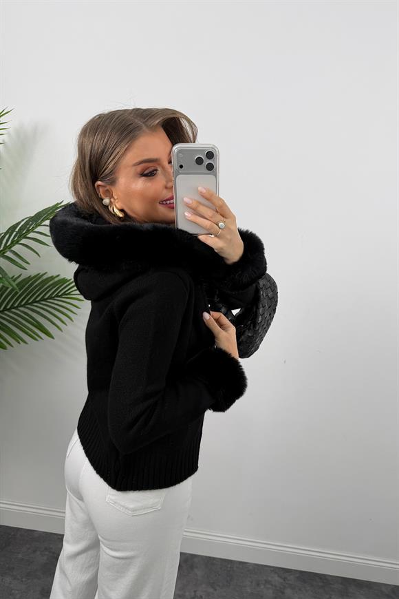 Lüx Kalite İpek Kürklü Elit Triko Hırka Siyah