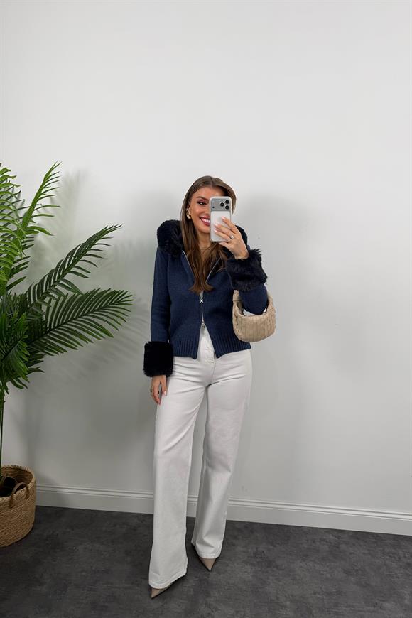 Lüx Kalite İpek Kürklü Elit Triko Hırka Lacivert