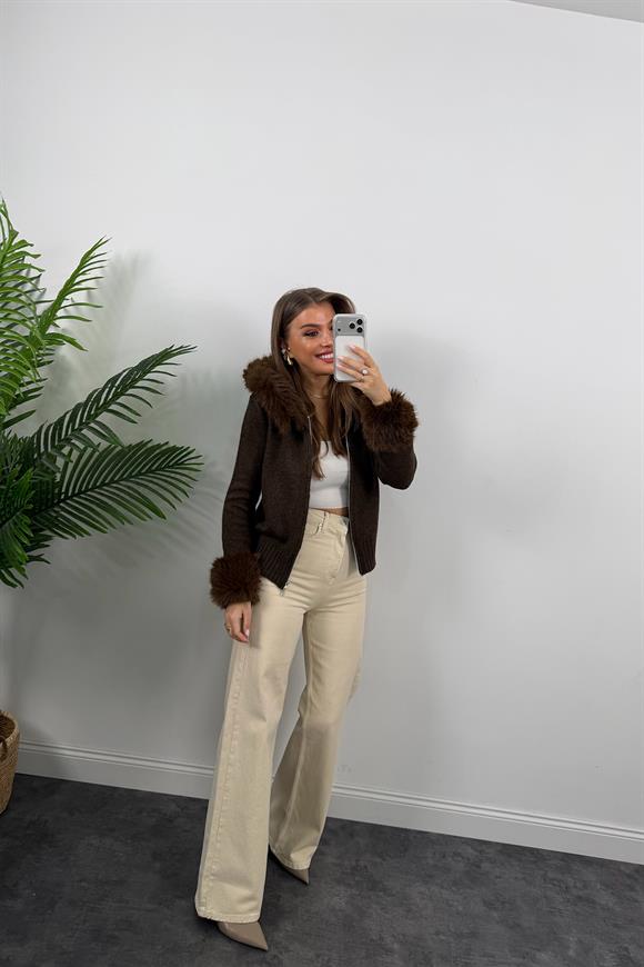 Lüx Kalite İpek Kürklü Elit Triko Hırka Kahverengi