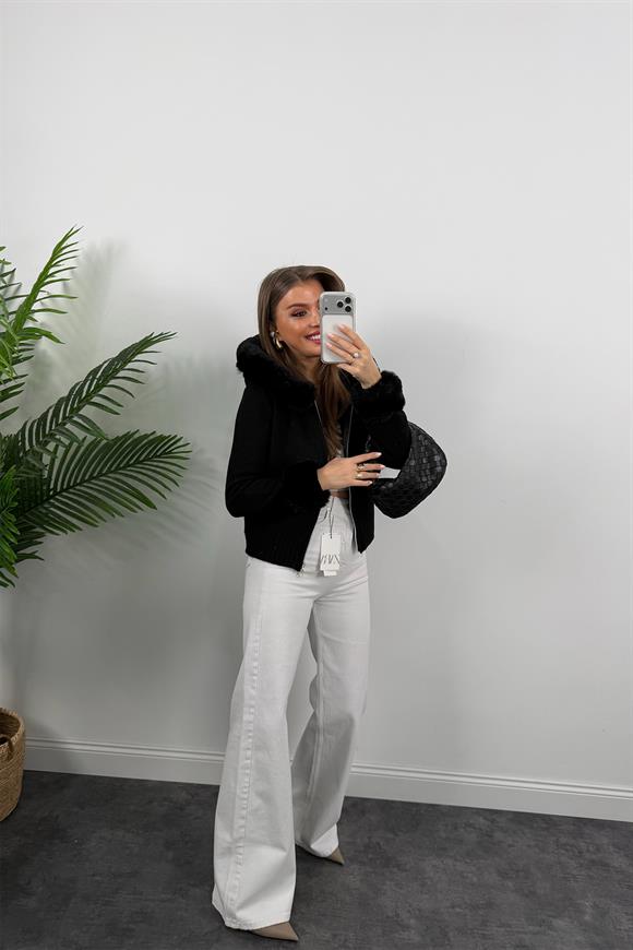 Lüx Kalite İpek Kürklü Elit Triko Hırka Siyah