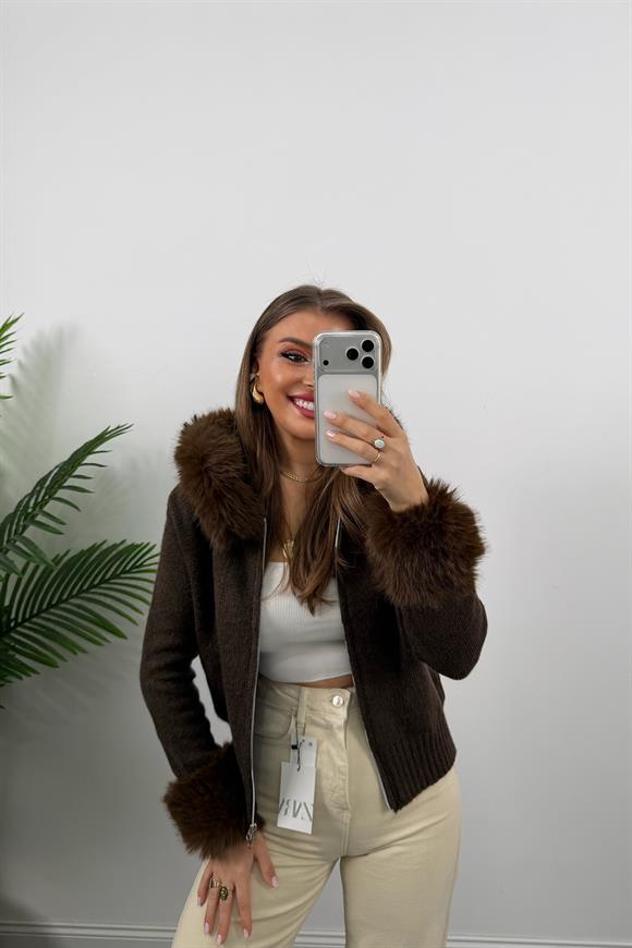 Lüx Kalite İpek Kürklü Elit Triko Hırka Kahverengi