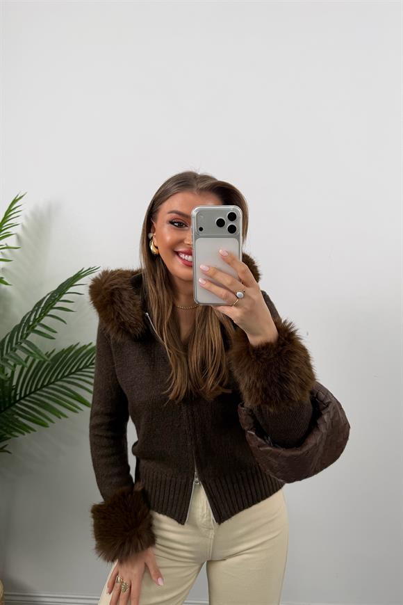 Lüx Kalite İpek Kürklü Elit Triko Hırka Kahverengi