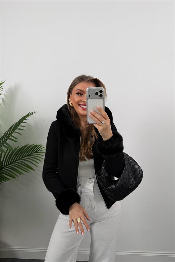 Lüx Kalite İpek Kürklü Elit Triko Hırka Siyah