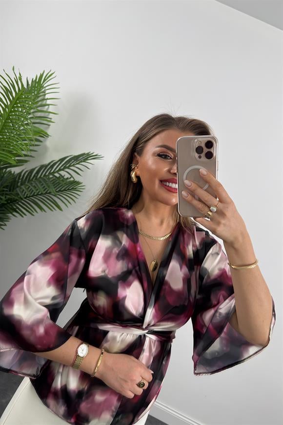 Lüx Kalite İpek Saten Düğümlü Kimono Kol Tasarım Bluz
