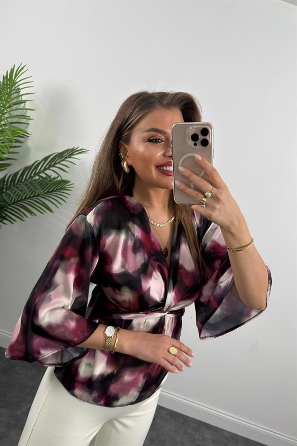 Lüx Kalite İpek Saten Düğümlü Kimono Kol Tasarım Bluz