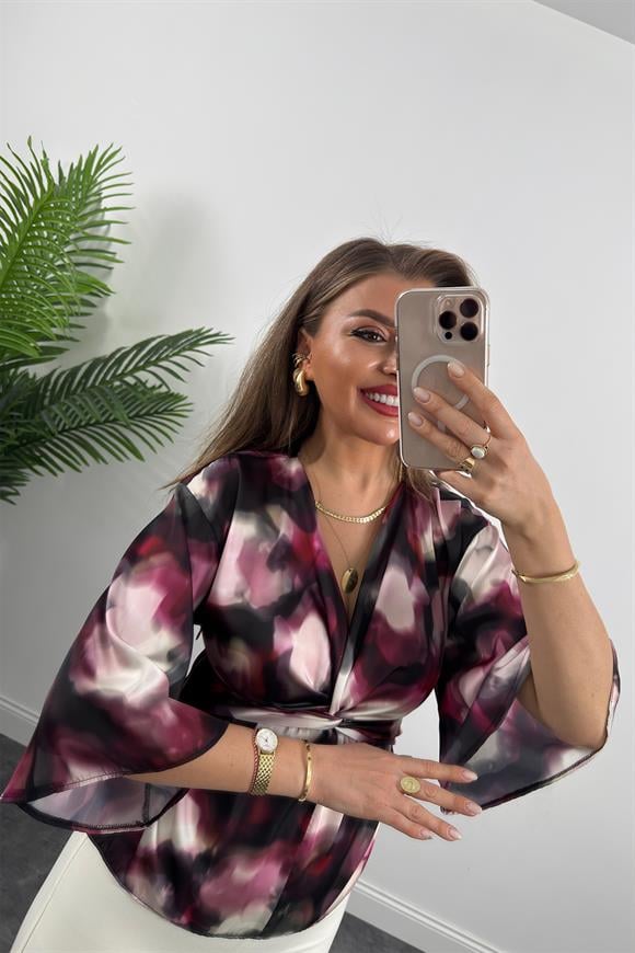 Lüx Kalite İpek Saten Düğümlü Kimono Kol Tasarım Bluz