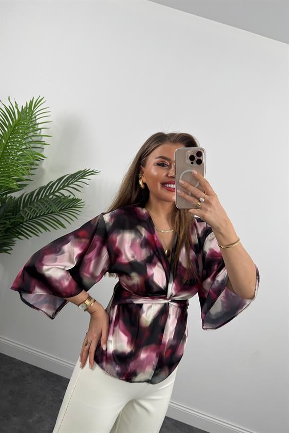 Lüx Kalite İpek Saten Düğümlü Kimono Kol Tasarım Bluz