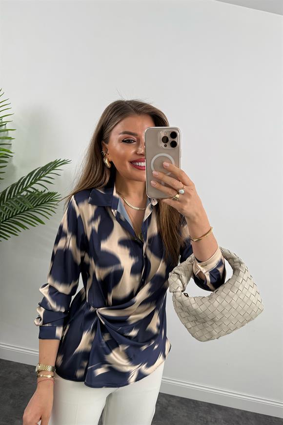 Lüx Kalite İpek Saten Önü Drapeli Tasarım Bluz Lacivert Krem