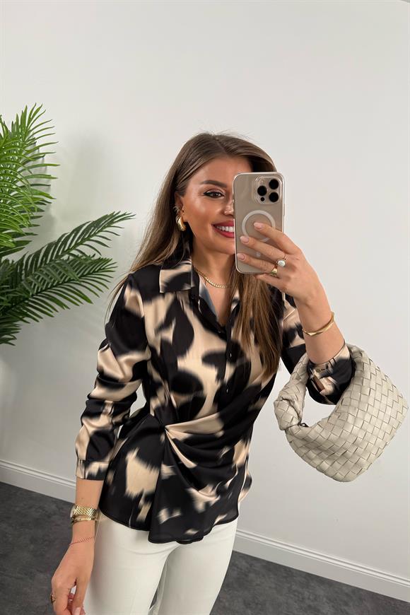 Lüx Kalite İpek Saten Önü Drapeli Tasarım Bluz Siyah Krem
